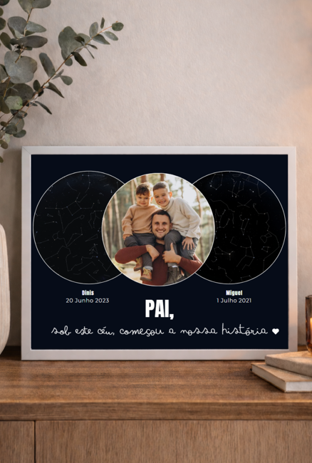 Quadro Personalizado 2 Filhos - Mapa de Estrelas + Fotografia